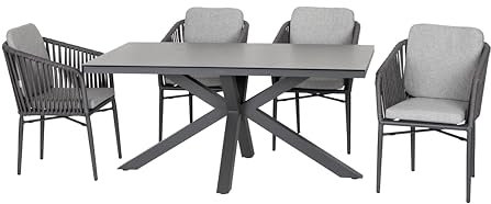 acamp Tisch 160x90x74 cm anthrazit | grau meliert, Glaskeramiktisch mit pulverbeschichtetem Aluminiumgestell, X-Beinen, witterungsbeständig + 4X Sitzschalen mit Kissen