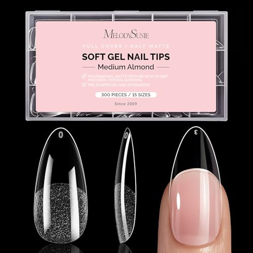 MelodySusie Medium Almond X Nail Tips - 300Pcs 15 Sizes | Clear Acrylic, Half Matte Full Cover Press on Nails for DIY Extension&Salon Use,Pre-Shaped for Long-Lasting Manicure