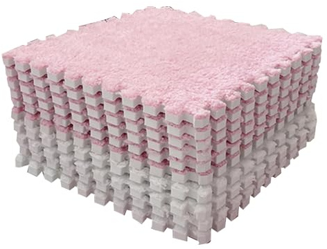 BORDSTRACT 10pcs Color Blocking Plush Foam Floor Mats, Interlocking Cuttable Soft Rugs, Ideal for Bedroom and Living Room Decor (Pink White)