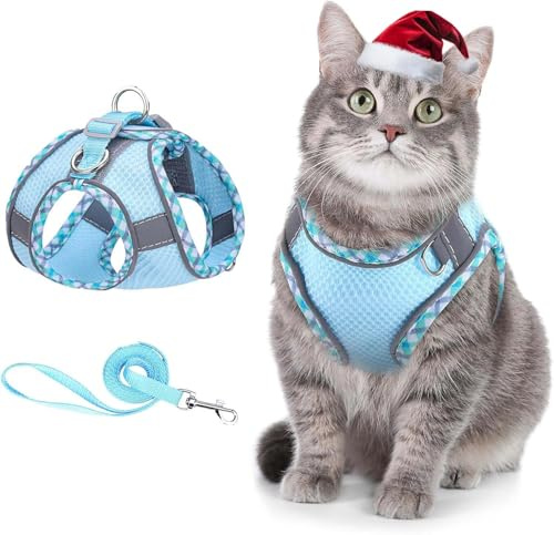 ORIA Katzengeschirr mit Leine Ausbruchsiche für Kitten, Hunde (XXS), Blau | Verstellbares Katzen Harness Geschirr mit Reflektierenden Streifen, Atmungsaktivem Mesh, für Katzen Welpen
