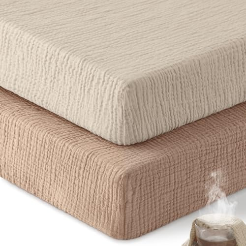 Unnivoll Baby Spannbettlaken 60x120 cm Kinderbett, 100% Musselin Baumwolle, 2er Pack Bettlaken Für Babybett, Atmungsaktives Weiches Spannbetttücher