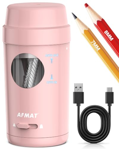 AFMAT Vollautomatischer Elektrischer Anspitzer,Wiederaufladbarer Bleistiftspitzer mit Behälter für 7-8mm Dicke und Dünne Stifte,Auto in&Out, Autostop Elektrischer Spitzer für Haus,Büro,Schule,Rosa PSX