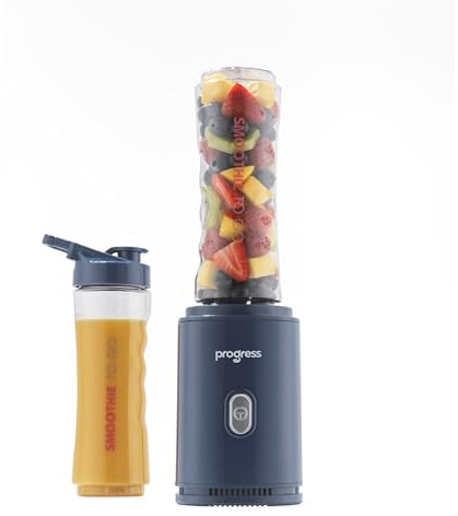Progress Smoothie To Go Mixer 500 W mit 2 x 600-ml-Flaschen | BPA-freie Flaschen, Trinkdeckel, Edelstahlmesser, Ein-Tasten-Bedienung, rutschfester Sockel