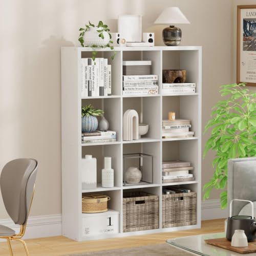 Jpiziso 12-Cube Storage Organizer, Wooden Cube Shelf Bookcase with Reinforced Thick Shelves, Heavy-Duty 36.93 L x 9.37 W x 48.82 H, for Living Room Bedroom Home Office, White
