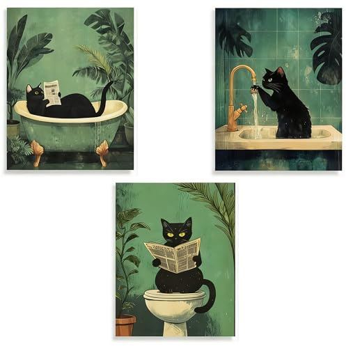 Ltsbaed 3 Stück Lustige Katzen Bilder, Vintage Katze Leinwand Bilder, Katzenbilder Badezimmer, Poster Set Lustige Katze Leinwand Bilder, 8x10 Zoll, für Zuhause und Badezimmer, Ohne Rahmen