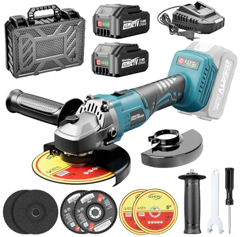 Yofuly Akku Winkelschleifer 125mm Kompatibel mit Makita 18V Akku | 3 Gang Drehzahlregelung 9000RPM, Akku Flex mit 2 * 4.0Ah Batterie, 2 Trennscheiben, 2 Fächerscheiben, 2 Schleifscheiben