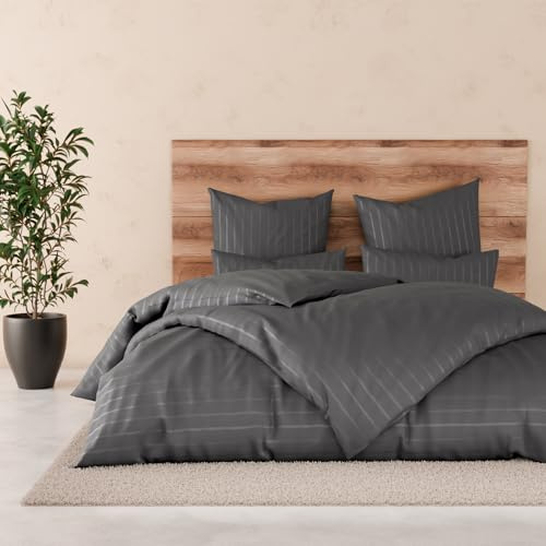 Pure Label Satin Bettwäsche 155x220 40x80 gestreift anthrazit | 100% Baumwolle & Oeko-TEX Zertifiziert - Elegante und angenehm