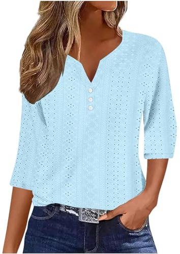 Summer Tops for Women UK - Ladies Blouses Elegant Going Out Eyelet Embroidery Three Quarter Sleeve Tops Hollow Out Casual Business Outfits Tunic Tees Button 3/4 Sleeve V-Neck T-Shirts