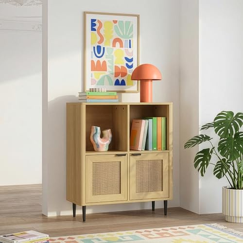 [en.casa] Kommode Lukhomso mit 2 Türen Rattan Dekor Schrank mit 4 Fächern Wohnzimmerschrank Sideboard Aufbewahrungsschrank 85 x 75 x 30 cm Flur Eicheoptik