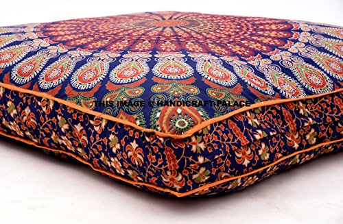 Indisches Bodenkissenbezug, Blau, Pfau, Mandala, Tapisserie, großes Bodenkissenbezug, osmanischen Pouf, bohemischer Meditationsplatz, überwurf von Handicraftspalace