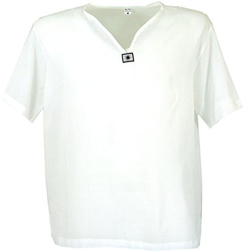GURU SHOP Yoga Hemd, Goa Hemd, Kurzarm, Männerhemd, Baumwollhemd - Weiß, Herren, Size:XXL