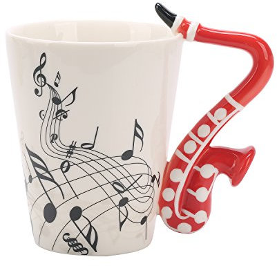 BUYNEED Saxophon-Tasse, 365 ml, Musiknote, Kaffee, Tee, Milch, Keramik, Musikliebhaber, Geschenk für Damen und Herren, Rot