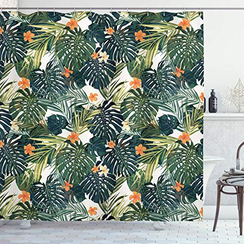 ABAKUHAUS Hawaii Duschvorhang, Bunte Polynesien Pflanze, Stoffliches Gewebe Badezimmerdekorationsset mit Haken, 175 x 200 cm, Jadegrün Farngrün