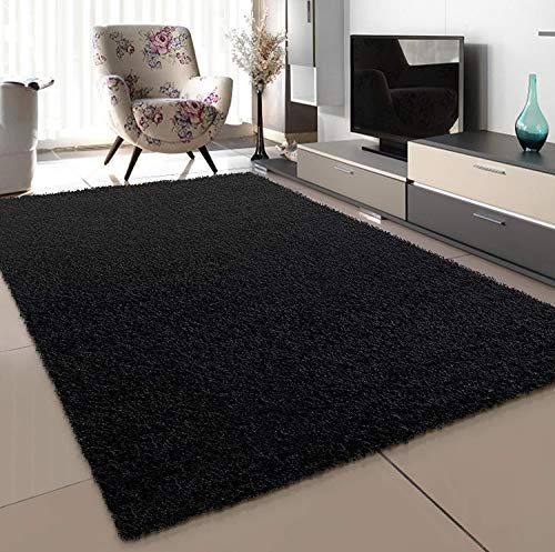 SANAT Teppich Wohnzimmer - Schwarz Hochflor Langflor Teppiche Modern, Größe: 60x110 cm