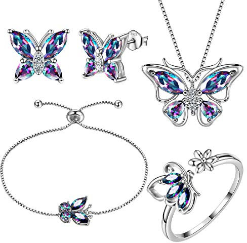 Aurora Tears 925 Sterling Silber Schmetterling Halskette Ohrringe Ringe Armband Mystic Rainbow Topaz Anhänger Ohrstecker Schmuck Set für Frauen DS0070T