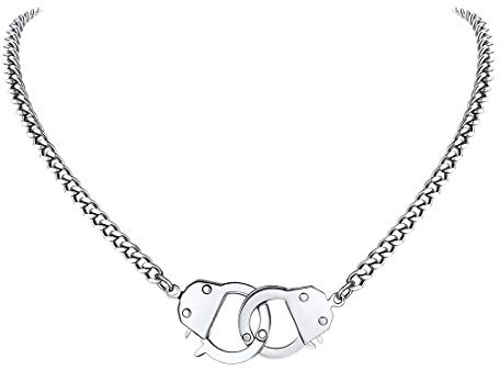 FindChic Handcuff Necklace Gothic Chunky Silver Cuban Link Chain for Women Partners in Crime Stainless Steel Curb Chain Interlocking 18inch Statement Necklace for Men Punk Jewelry