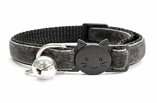 Velvet Cat Collars with Bell | Quick Safety Release Breakaway Buckle | Handmade in the UK | Available in Cat & Kitten Size | Dark Grey Velvet