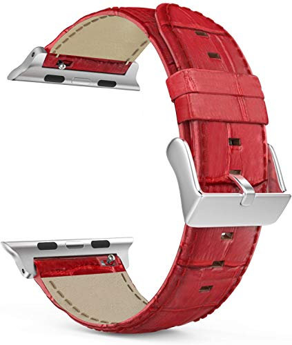 MaKTech Bracelet en Cuir Modèle de Section de Crocodile Compatible avec Apple iWatch Série 11/10/9/8/7,SE 3/2/1 [2025] (42mm/41mm/40mm,Rouge)