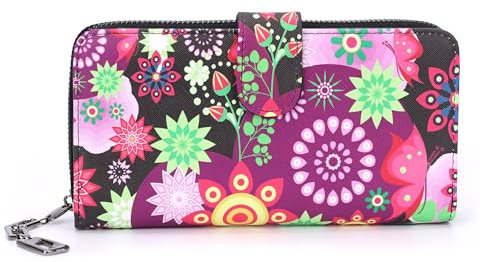 irisaa Geldbörse Damen Groß, Blumen Bunt, Viele Fächer, Portemonnaie mit Reißverschluss, Ethno Gelbeutel, Damen Tasche:Ethno Schwarz Blumen