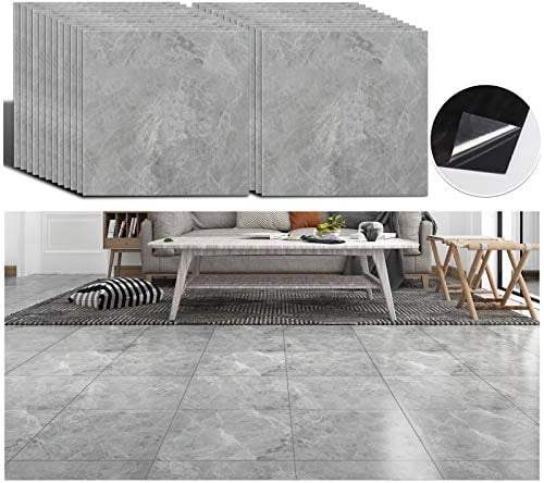 VEELIKE PVC Fliesen Marmor Grau 24 Stück Bodenfliesen Selbstklebend PVC Bodenbelag Marmoroptik Fliesenaufkleber Boden Bad 30cm x 30cm Vinylboden für Wohnzimmer Schlafzimmer Wasserfest Abnehmbar