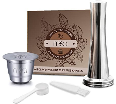 mfa® | Wiederverwendbare Edelstahl Metall nachfüllbare Kaffeekapseln für Nespresso Machine | mit Löffel, Bürste & Tamper | wiederbefüllbare Leerkapseln für Kaffeemaschine