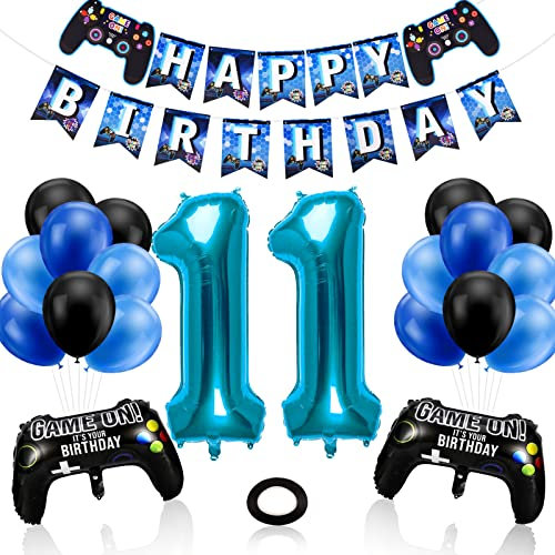 11th Birthday Decorations for Boys, Gaming Theme Birthday Party Decorations Set for Gamers, Happy Birthday Banner Game Controller Balloons Black Blue Balloons for Kids Party Supplies (Blue 11)