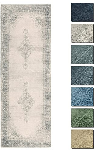 TESSO LIVING Kelim Vintage Teppich Wohnzimmer Creme 80 X 290 cm - Moderner Kurzflor Teppich - Super Soft