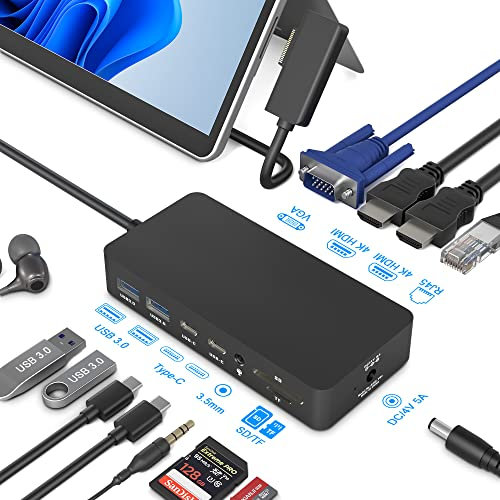 Surface Dock, Surface Docking Station, 12 in 1 Triple Display Microsoft Surface Dock mit 2 HDMI 4K +VGA für Surface Pro 11/10/9/8/X/7/6/5/4/3, Surface Laptop 5/go/4/3/2/1, Surface Book 3/2/1