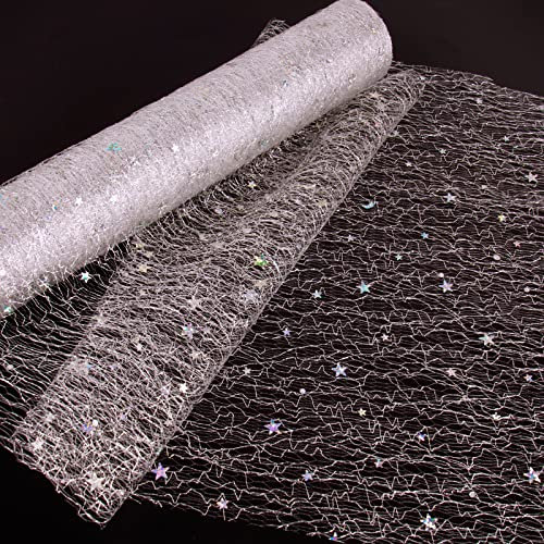 30cm x 4.5M Tüll Weihnachten Rolle Silber Tüllstoff Sterne Mond mit Glitzer Tüll Stoff Tischläufer Tischband Tüllband Deko für Ramadan Eid Mubarak Hochzeit DIY Basteln (Silber)