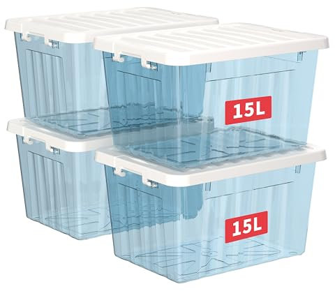 Cetomo 15L*4 Storage Boxes with Lids, Plastic Storage Bins with Latching Buckles, Click Closure, Stackable, Nesting, Organizer for Home Office Clothes, Clear Blue, 15L-4 Pack