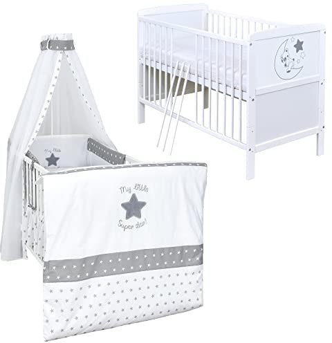 Baby Delux Babybett Komplett Set Kinderbett umbaubar zum Juniorbett weiß 140x70 Felix Bettwäsche mehrteilig (Super Star)