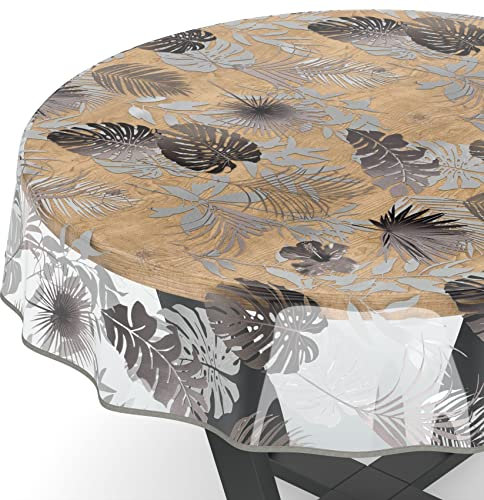Nappe en toile cirée transparente - Film de protection de table - Motif imprimé - 0,15 mm d’épaisseur - Feuilles argentées et grises - Rond - 140 cm - Avec ourlet - Rond - Ovale - Rectangulaire