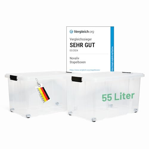 Novaliv 2x Aufbewahrungsboxen mit Deckel Groß 55L transparente Nestbar stapelbar mit Clipverschluss Rollboxen Kunststoff BPA-frei 61x40x32,5 cm