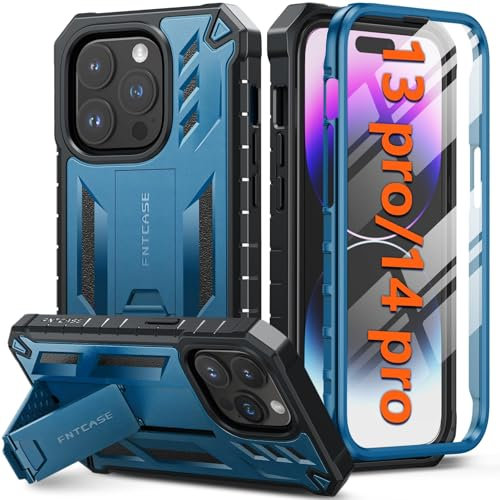 FNTCASE for iPhone 14-Pro Phone Case: for iPhone 13 Pro Cases | Military Grade Drop Proof Protection Mobile Cover with Kickstand | Matte Textured Rugged Shockproof TPU | Protective Sturdy (B-Blue)