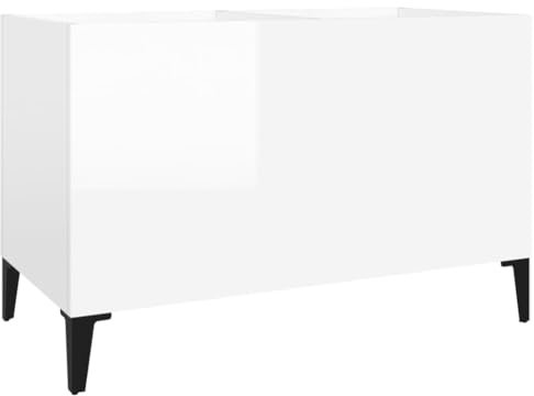 vidaXL Record Cabinet in High Gloss White - Versatile Engineered Wood Cabinet with Metal Legs – Durable Storage for Vinyl Records – Perfect for Living Room, Bedroom, Office