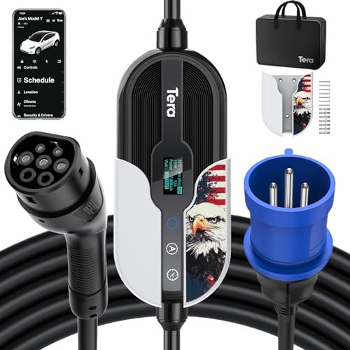 Tera Smart Tragbares EV Ladegerät Typ 2 Nur für den Innenbereich 7.6kW EV-Ladegerät CE & TüV 16-32A APP WLAN Bluetooth Tragbar und zur Wandmontage 7 Meter Ladekabel Einphasen-CEE-Stecker Weißer Adler