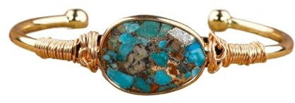 HXSCOO Natürlicher Gold-Linien-Türkis-Stein, offener Armreif for Damen, modischer Quarzkristall, Bastelschmuck, Geschenk (Color : Gold Line Turquoise)