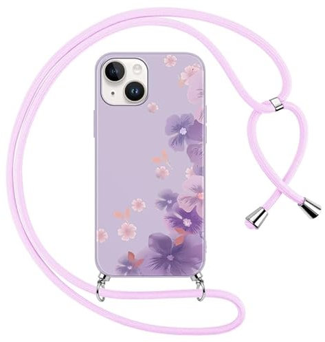 Foonary Coque pour Apple iPhone 14/Apple iPhone 13 avec Cordon de Collier, Aesthetic Fleur Motif Étui Housse Réglable Lanyard Corde, Souple Silicone TPU Antichoc Case pour iPhone 14 6,1, Floral 5
