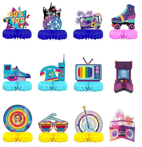 CHALA 12 Stück 80er Jahre Bienenwabe 1980er Waben Tischdeko 80er Thema Party Tischaufsätze 3D 90er Bienenwaben Tischdekorationen 80s Retro Disco Deko Partyzubehör für 80er 90er Geburtstag Party Deko