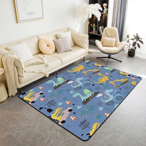 Kinder Bau Bereich Teppich 100Bx150L,Cartoon Bagger Teppich,Dinosaurier Indoor Bodenmatte,Natur Tier Thema Dekorative Teppich Schlafzimmer Dekor,Spielzimmer Dorm Büro für Jugendliche Erwachsene