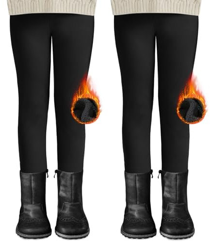 DDOBB 2er Pack Thermo Leggings Mädchen Gefütterte Winter Leggins Mit Fleece Kinder High Waist Thermounterwäsche Dicke Warm Lange Hose für Alltag(Schwarz*2, M=(122-134))