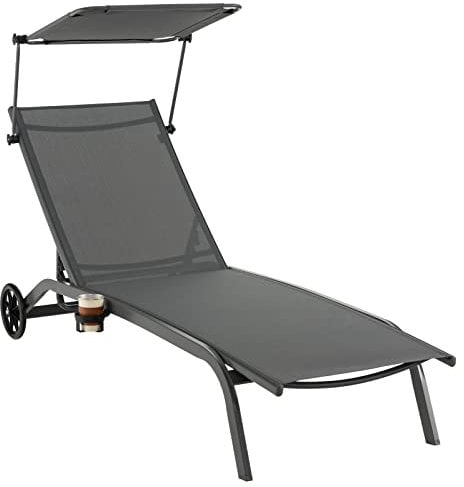 COSTWAY Sonnenliege mit Rollen, Dach und Getränkehalter, Gartenliege mit Verstellbarer Rückenlehne, Terrassenliege, Liegestuhl, Strandliege für Garten, Terrasse, Pool, Grau