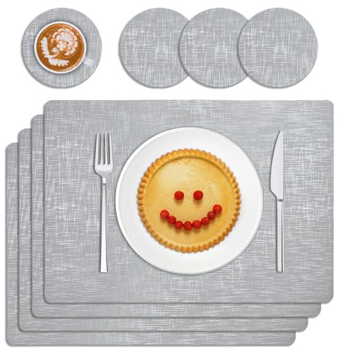 TOPAHGOD Square Place Mats for Table Set of 4, Dual Sided Non-Slip Heat Resistant Table Mats and Coasters, Faux Leather Stain Resistant Washable Wipeable Placemats for Indoor and Outdoor (Silver)