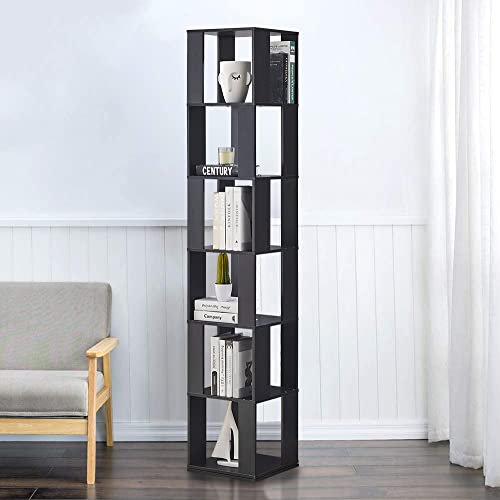 Homullel 190cm Bücherregal, Drehbares Bücherregal, 6 Stufe Drehregal, Dekoregal Hohes Standregal für Wohnzimmer Ecke, aus MDF (Schwarz)