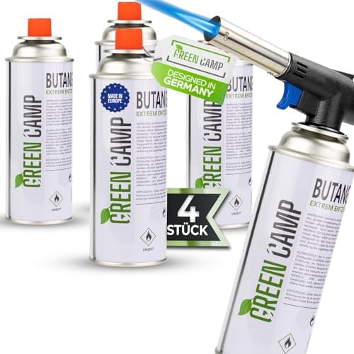 GREEN CAMP ® Gasbrenner mit Kartusche 227g – Schweißbrenner max. 1300°C Temperatur – Lötlampe mit Piezozündung – Bunsenbrenner Küche -Küchenbrenner (4x Gaskartuschen)