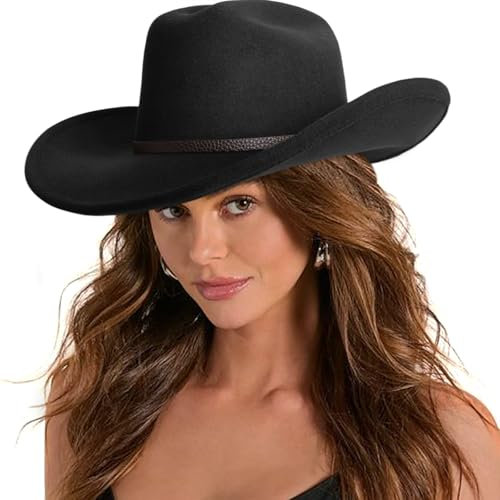 DRESHOW Cowboyhut für Damen & Herren Viehzüchter Western Filzhut Cowgirlhut mit Formbarer Breite Krempe und Schnallengürtel Unisex Aufrollbare Krempe Hut