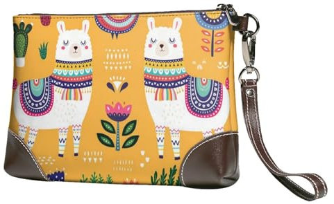 Damen-Clutch, Cartoon-Alpaka, niedliches Tiermotiv, Leder, Clutch, Reißverschluss, Geldbörse, Handtasche mit Handgelenkschlaufe, Schwarz , Einheitsgröße