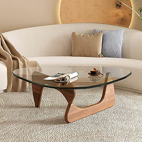 wanghaiyanBD Table basse triangulaire en verre – Table d'appoint abstraite moderne du milieu du siècle avec base en bois – Petite table centrale pour salon, bureau à domicile – 91,4 x 64,8 x 40,6 cm –
