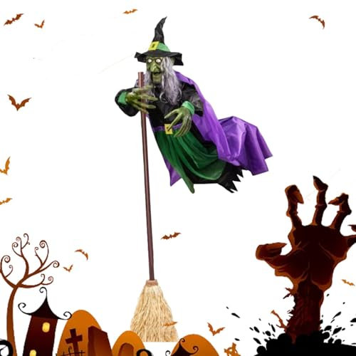 Wrohto Flying Witch Halloween Decor, Halloween Decorations Outdoor, 71 Inches Magics Broom Halloween Spooky Witches, Flying Hover Witch Realistic Halloween Witch Decor, 6ft Scary Animated Witch Props