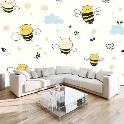 3D Papier Peint Panoramique Tapisserie Intissé Murales Abeille De Dessin Animé Nuages Beige, Papier Peint Enfant pour Salon Chambre Décoration Murale, Papier Peint 300x210 cm Chambre Enfant